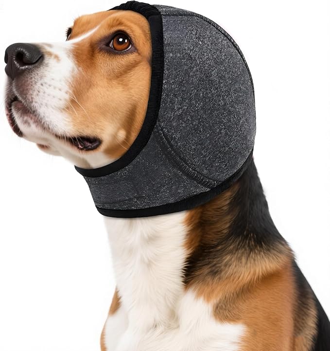 Calming Hoodie Dog Ear Covers,No Shake Hematomas Ear Wraps for Dogs,Adjustable Anxiety Relief Head Wrap Muffs Noise Cancelling Protector for Fireworks/Grooming/Bathing/Swim,Grey,L