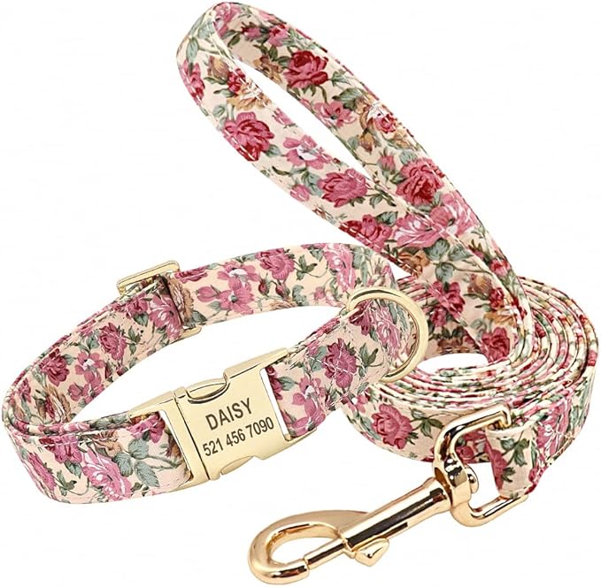Flower Dog Collar Leash Set Custom Small Medium Large Dog Pet Collars Floral Print Nylon Dog Collars with Treat Bag Snack Bag Beige Collar Leash M