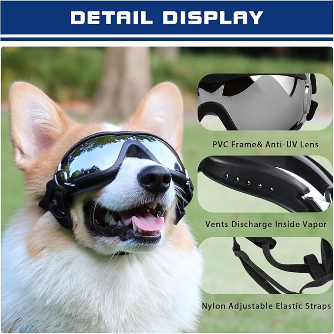 Dog Goggles UV400 Protection, Ski Goggles for Medium to Large Breeds with Adjustable Strap, Dog Sunglasses with Wide Snout & Soft PVC Frame - UV-Resistant/Snowproof for Ski,Cycling (Black)