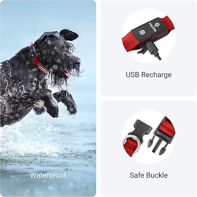 Tractive LED Light Up Dog Collar USB Rechargeable Waterproof (Red)