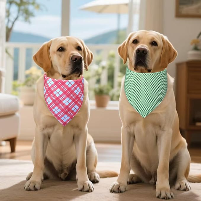 Floral Dog Bandanas 2-Pack for Large to X-Large Dogs 18-23" Neck - Reversible Plaid Scarf, Pink Green Pet Accessory for Spring Summer