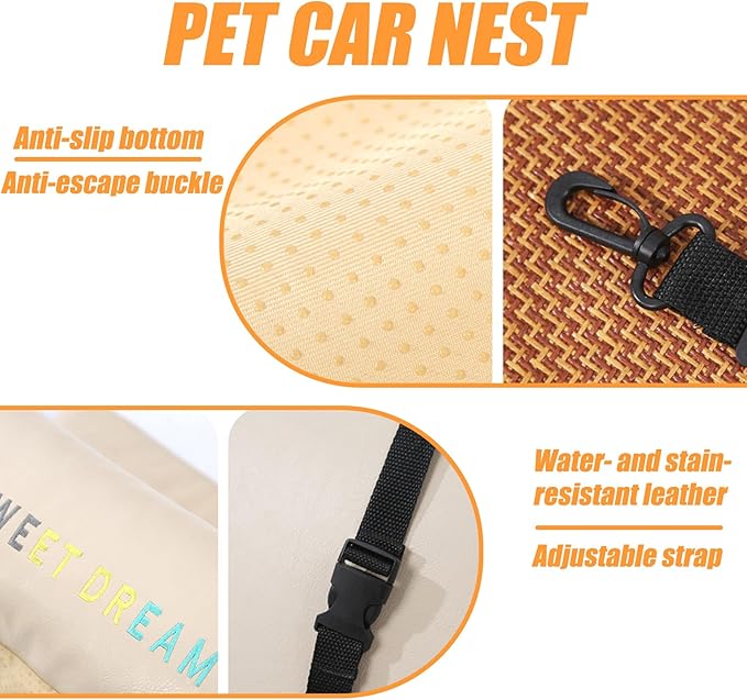 Car Seat Dog Bed with Safety Straps, Dog Car Seat for Small Dogs, Four Seasons Universal Double-Sided Rattan Mat Plush Pad, Washable Pet Booster Turn Seats (Coffee, 24.4 * 20.1 * 12.2in)