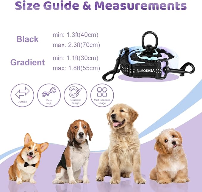 Double Dog Leash for Two Dogs - Gradient Color No Tangle Swivel Dog Coupler with Heavy Duty Clip, Size Adjustable Bungee Leash Attachment for Small, Medium, Large 2 Dogs, Style 1