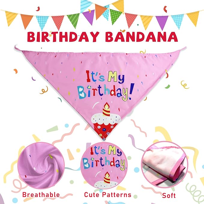 Dog Birthday Toys Girl, Squeaky Plush Birthday Cake Hat Bandana, Birthday Gifts for Small & Medium Dog, 9 Pack Pink