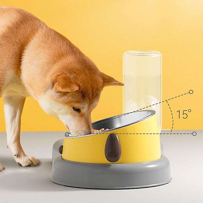 Water and Food Bowl Set, 500ml 2 in 1 Dog Avoid Overturning Automatic Cat Feeder Pet Water Dispenser Double Cat Bowls for Dogs Cats (Yellow 500ml)