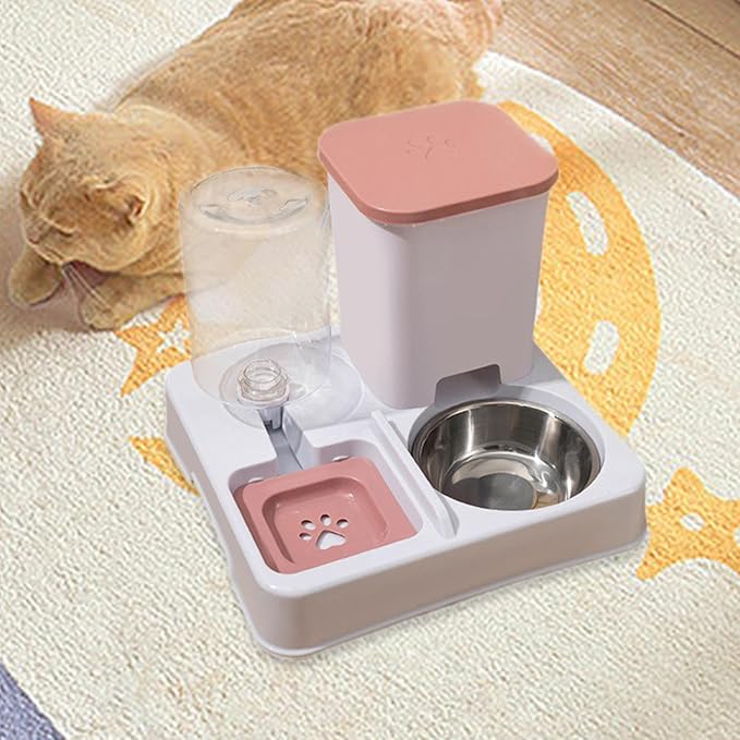 Automatic Dog Cat Feeder Dry and Wet Separation Smooth Surface Removable Eating and Drinking Bowl for Dogs Small Animal Puppy- Pink White