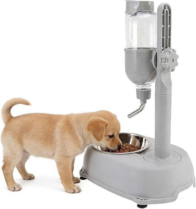 Pet Standing Water Dispenser, Multifunctional 2 in 1 Detachable Height Adjustable Pet Puppy Dog Kitten Bowl, Automatic Dog Water Dispenser for Puppy Dwarf Dog Cat,Grey,11 x 7.7 x 15.4in