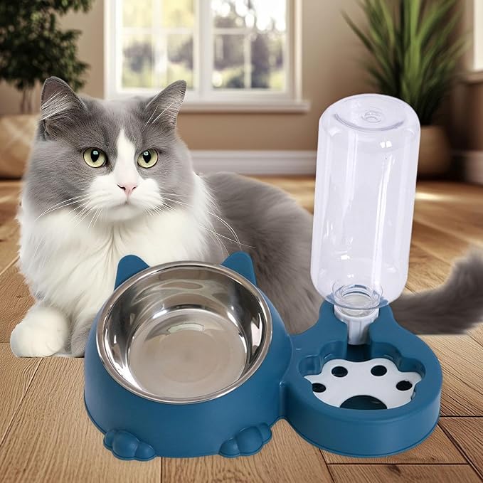 Dog Bowl with Automatic Water Bottle Practical Pets Water and Food Bowl Set for Small Medium Dogs Puppy- Blue