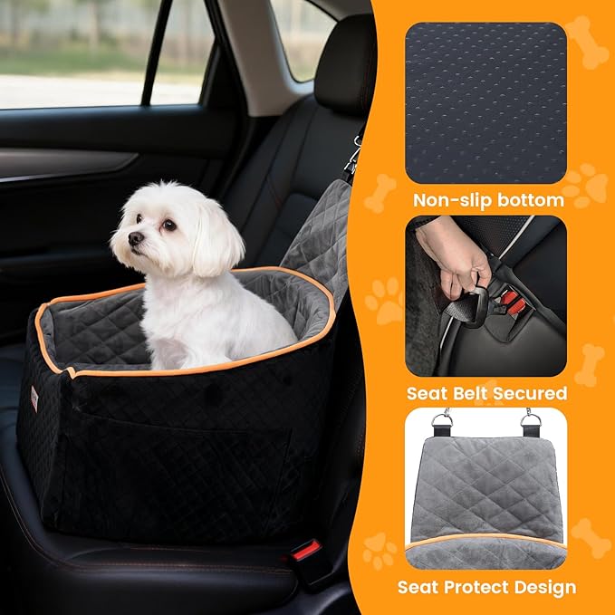 Babyboat Dog Car Seat for Small & Medium Pet Adjustable Height Dog Booster Car Seat with 2 Cushion Up to 30lbs Pet Detachable Travel Pet Bed with Remove Cover, Storage Pockets - Black