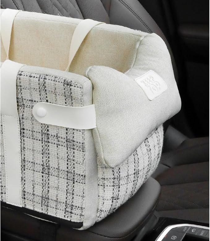Pet Car Seat for Small Dogs & Cats, Large Space with Soft Cushion, Removable Design, Secure Straps, Fits Most Vehicles (Beige Plaid, 9.8 * 17.7 * 9.8inches)