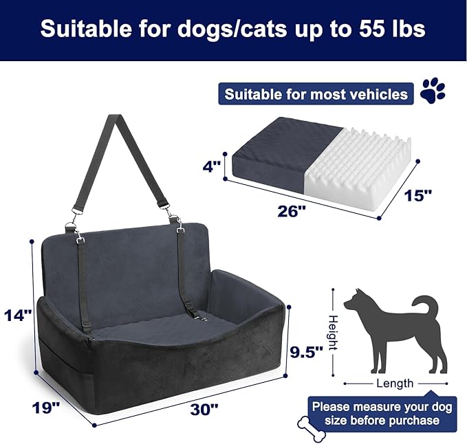 Dog Car Seats for Medium/Large Size Dog, Washable Booster Seat with Detachable Cover, Pet Car Seat with Thickened Memory Foam, Safety Belts, up to 55 lbs, Large(Black)