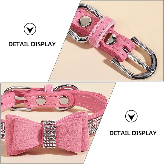 Pet Dog Collar Rhinestone Bowknot, Pink XXS 25X1.5Cm Microfiber Adjustable Outdoor Collar for Puppies and Small Dogs