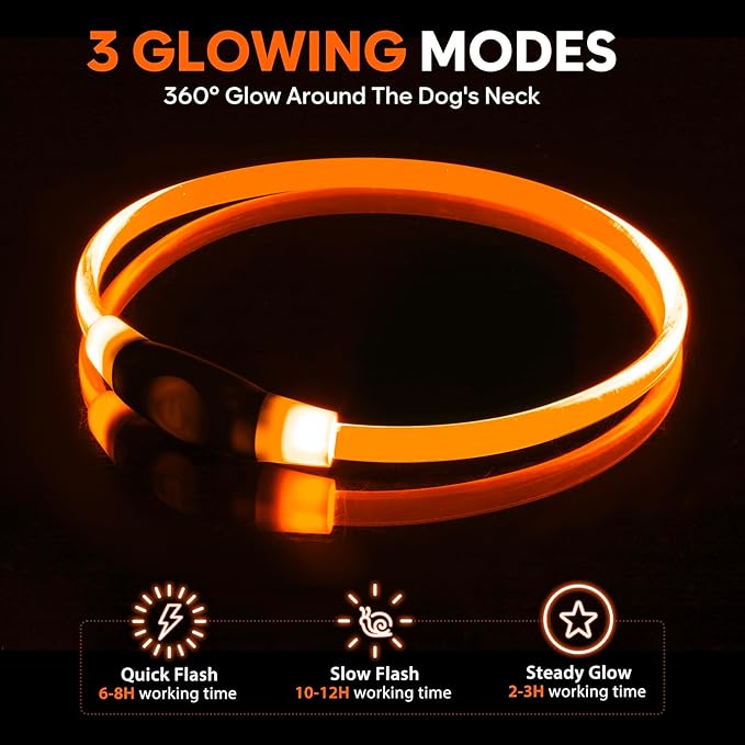 LED Dog Collar, Light Up Dog Collars USB Rechargeable for Night Walking-Fashion TPU Glowing Safety Pet Collar Lights for Small Dogs Cat (Orange)