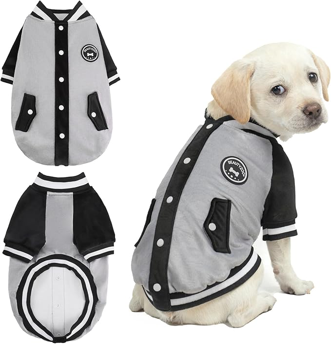 BEAUTYZOO Dog Sweaters for Small Medium Large Dogs, Dog Hoodie Warm Fleece Dogs Winter Clothes Cute Stylish Boy & Girl Dog Sweatshirts, Grey Sport Coats Baseball Uniform Jackets for Puppy, M