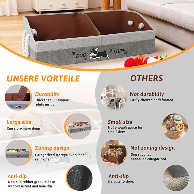 Large Dog Toy Basket with Handles, 28.5" Collapsible Multi-Purpose Hard Board Dog Toy box, Clothes, Dog toy storage (Gray,Coffee)