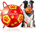 Size 3 Dog Soccer Ball with Straps Durable Training Ball for Pets Interactive Outdoor Dog Toy, Red & Yellow, Paw Prints Design, for Medium & Large Dogs' Playtime