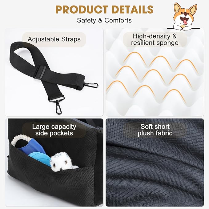 JOEJOY Dog Car Seat for Small/Medium Dogs, Memory Foam Dog Booster Seat with Washable Cover, Travel Safety Pet Car Seat with Storage Pockets for Dogs up to 30 lbs