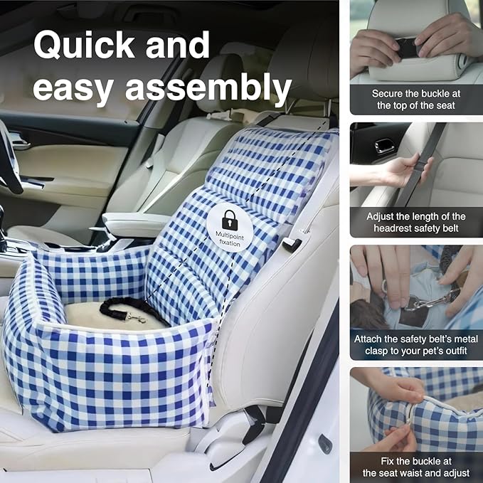 Pet Car Booster Seat for Small Dogs & Cats up to 25 lbs – Plaid Travel Seat with Safety Leash, Adjustable Straps, Non-Slip Base, 2-in-1 Convertible Bed, Detachable & Washable (Blue Plaid)