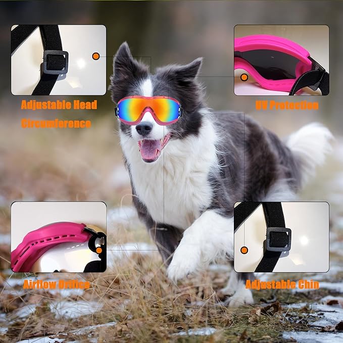 Dog Sunglasses Pet Goggles for Medium Large UV Protection Wind Protection Dust Protection Adjustable Strap Dog Glasses Suitable for Snow Beach Motorcycle (Black Frame Transparent)