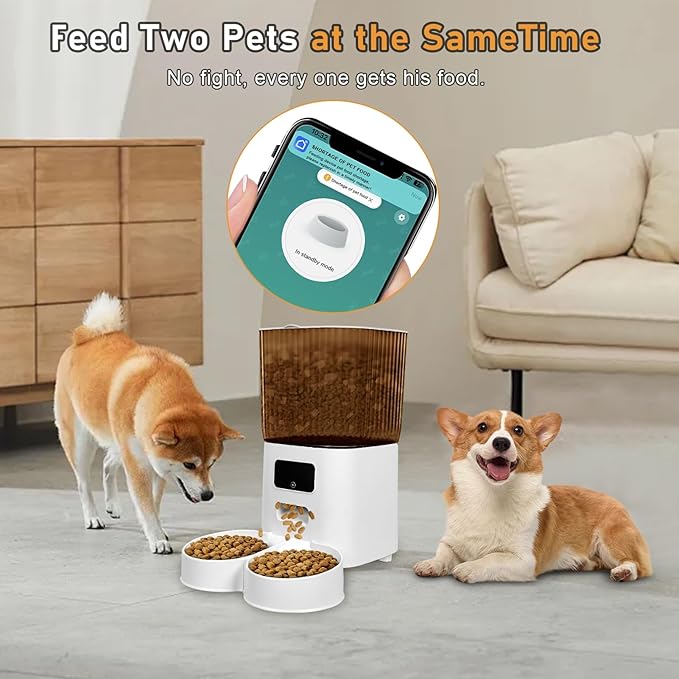 Smart Pet Feeder with Dual Bowls, WiFi APP Remote Control 5L Transparent Storage Bucket Automatic Cat Food Dispenser, Timed Quantitative Battery and USB Cat Dog Feeder 1 Set