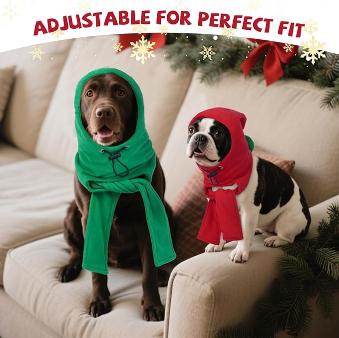 DENTRUN Dog Winter Hat with Scarf & Pom Pom - Adjustable Fleece Hood for Small Dogs, Christmas Costume, Red (S:8-10" Head Girth)