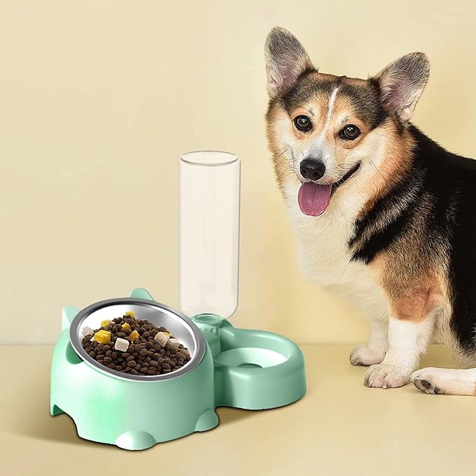 Cat Food and Water Bowl Set, Automatic Dog Dish Bowl with Water Dispenser, Removable Drinking and Eating Bowls, No-Spill Pet Feeder for Puppy, Medium Dogs & Cats (Green)