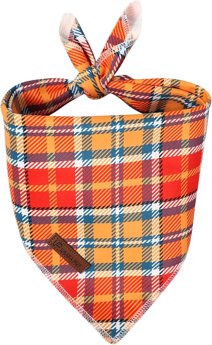 Fall Dog Bandana – Orange Yellow Plaid Triangle Scarf for Small Medium Large Dogs, Soft Cotton Pet Bib for Autumn Thanksgiving, Adjustable Dog Kerchief for Daily Fall Wear