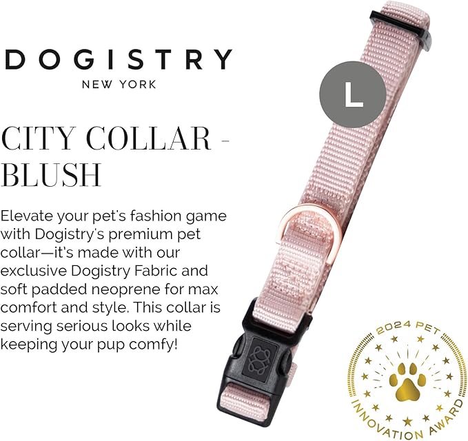 The DOGISTRY - City Collar - Blush - Premium Dog Collar with Padded Neoprene & Signature Fabric - Refined Design & Everyday Luxury - Large