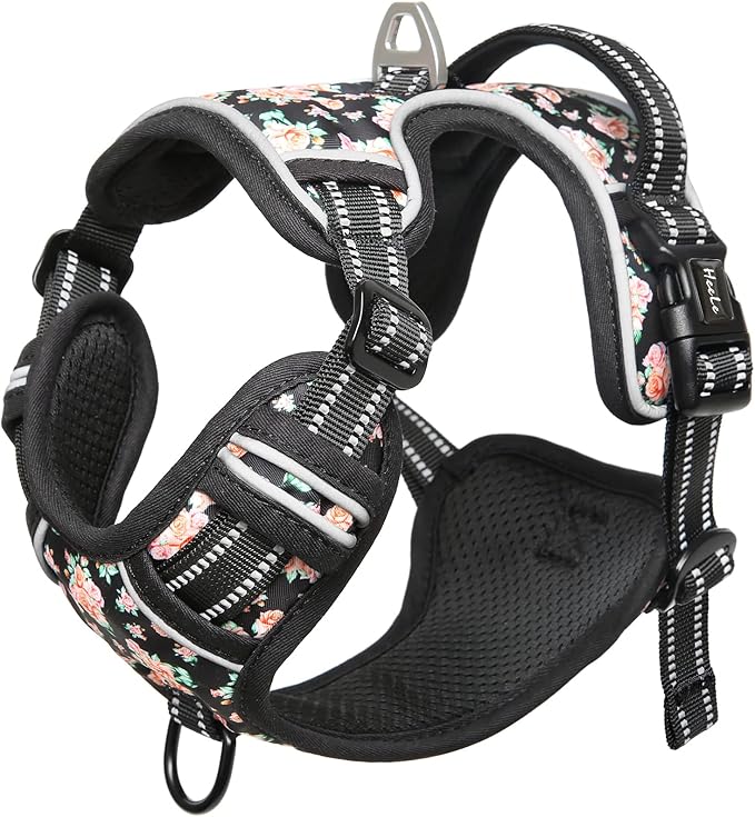 HEELE Dog Harness, No Pull Adjustable Padded Reflective Harness for Small Medium Large Dogs with Handle for Walking Training, Flower-Black, L