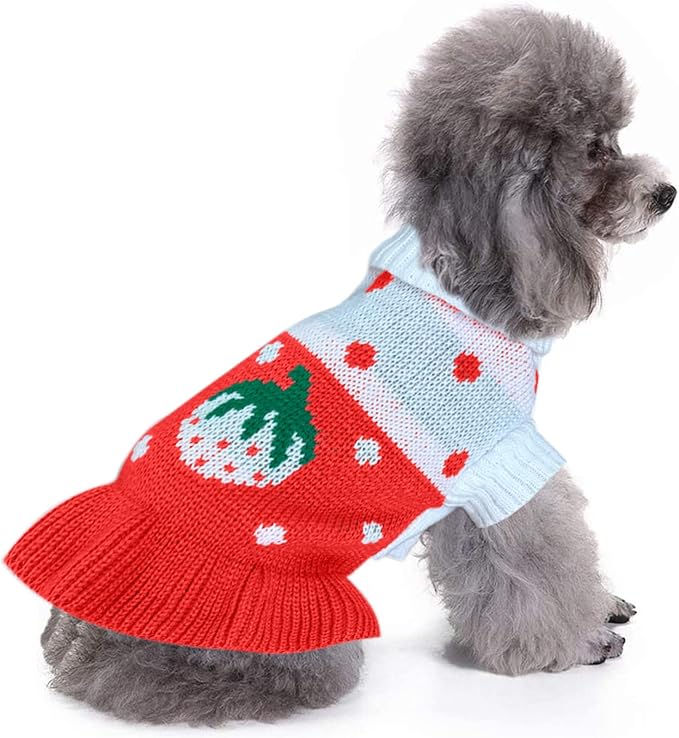 CHBORCHICEN Pet Dog Sweaters Classic Knitwear Turtleneck Winter Warm Puppy Clothing Cute Strawberry and Heart Doggie Sweater (XS, Dress-Red1)