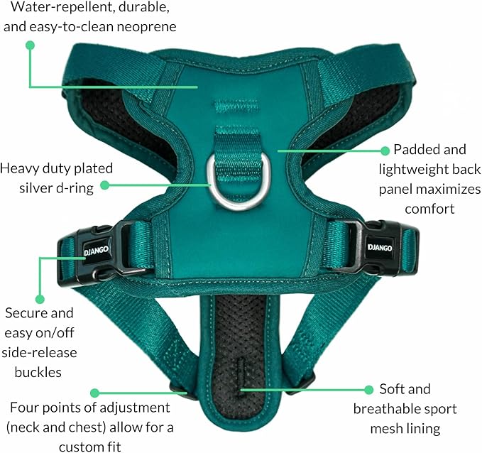 DJANGO Tahoe No Pull Dog Harness – Escape-Proof Dog Harness for Small Dogs with Front & Back Clips for Everyday Use – Adjustable, Padded, Reflective, Secure Fit, Easy On/Off – Dark Teal, Small