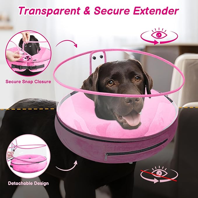 BARKLESS Inflatable Dog Cone, Protective Dog Surgery Collar to Stop Licking Biting Wounds, Patented Soft Donut Cone with Clear Shield, Adjustable Blow-up Collar for Surgery (Pink, XL (Neck: 18"-23"))