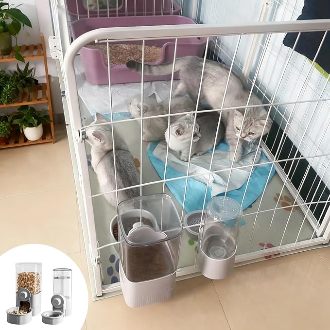 Grey Automatic Pet Water and Food Dispenser, 40 Oz/1200 Ml, Hanging Cage Bowl, Detachable Design, for Cats and Dogs