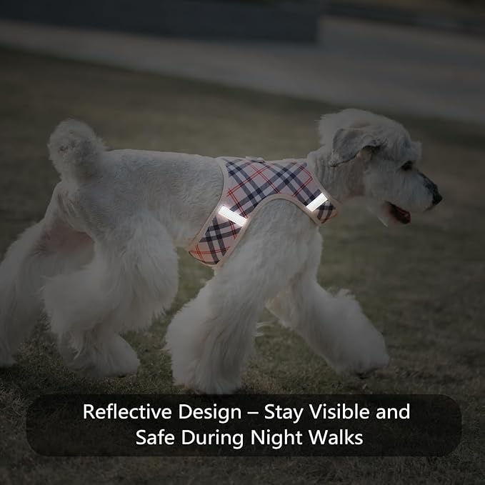 Dog Harness for Small Sized Dog,Hook-and-Loop Easy On/Off, Reflective Adjustable Soft Mesh Vest for Puppy (Checkered Beige,S)
