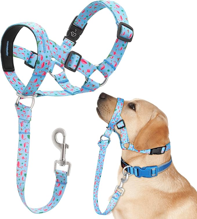 Dog Head Collar, Printed No-Pull Headcollar, Adjustable Dog Head Halter Gentle Lead with Safety Link, 3 Colors Muzzle Leash for Small Medium Large X-Large Dogs Easy Walks (XLarge, Flamingo)