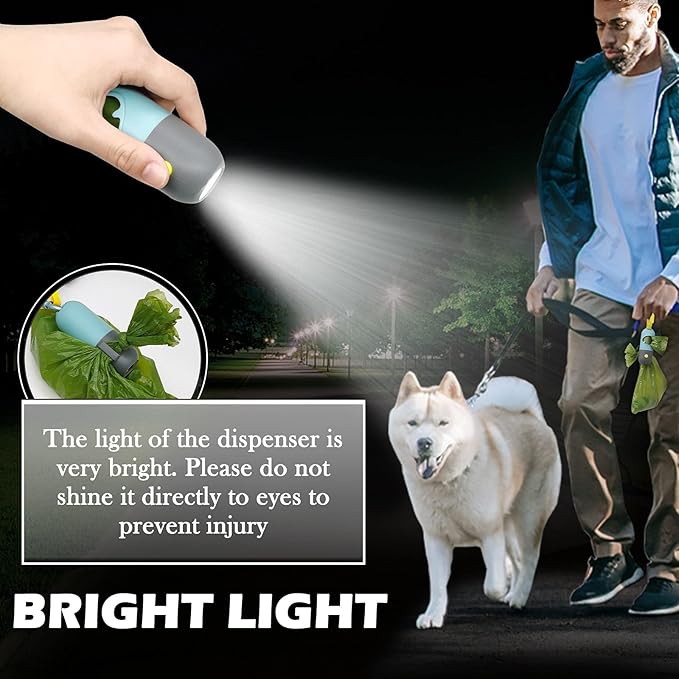 Dog Poop Bags Dispenser with LED Flashlight Pet Waste Bags Holder with 105 Count Green Unscented Diaper Garbage Bags and Metal Carabiner and Hook&Loop Fastener (Blue, 1 Holder 7 Rolls)