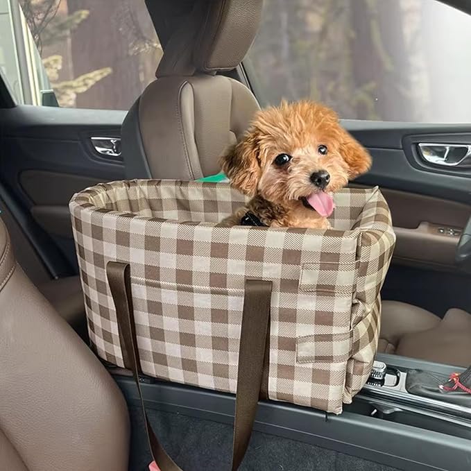 Pet Safety Booster Seat, Center Console Car Seat for Small Dogs Cats, Puppy Armrest Booster Seat, Pet Washable Travel Armrests Bed Bag, Removable Dog Car Seat for Small Pets Up to 13 Lbs (Plaid)