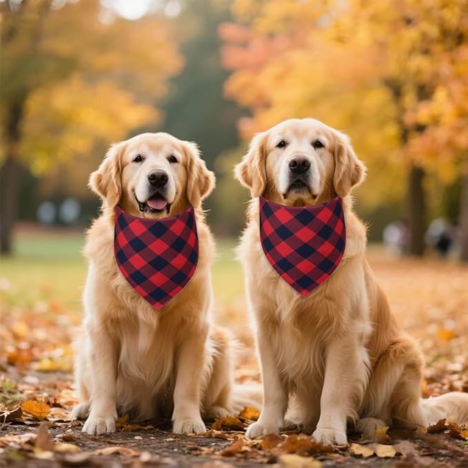 Plaid Dog Bandanas 2 Pack for Small Medium Dogs - Reversible Red Black Buffalo Check Scarf, Farmhouse Style Pet Accessory for Photos & Parties