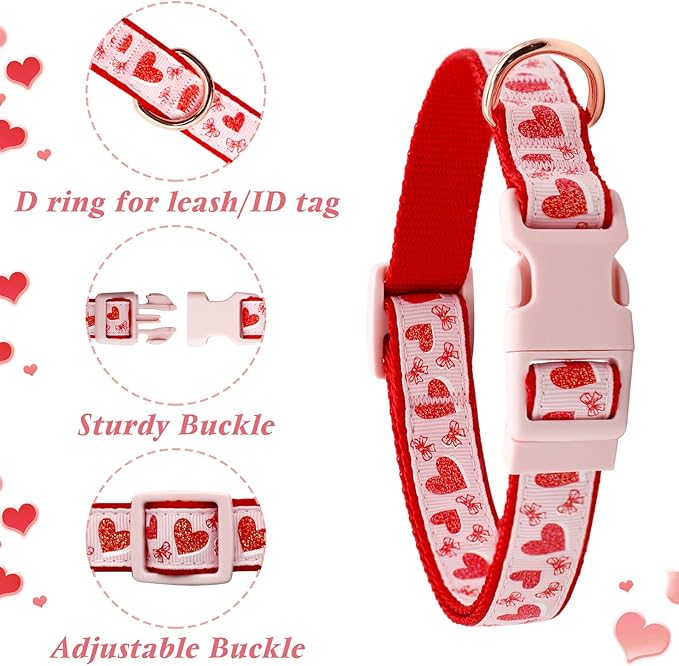 azuza Valentine's Day Dog Collar and Leash Set, Adjustable Pink Dog Collar with Glittery Red Heart Pattern Matching Leash Valentines Day Gifts for Small Dogs
