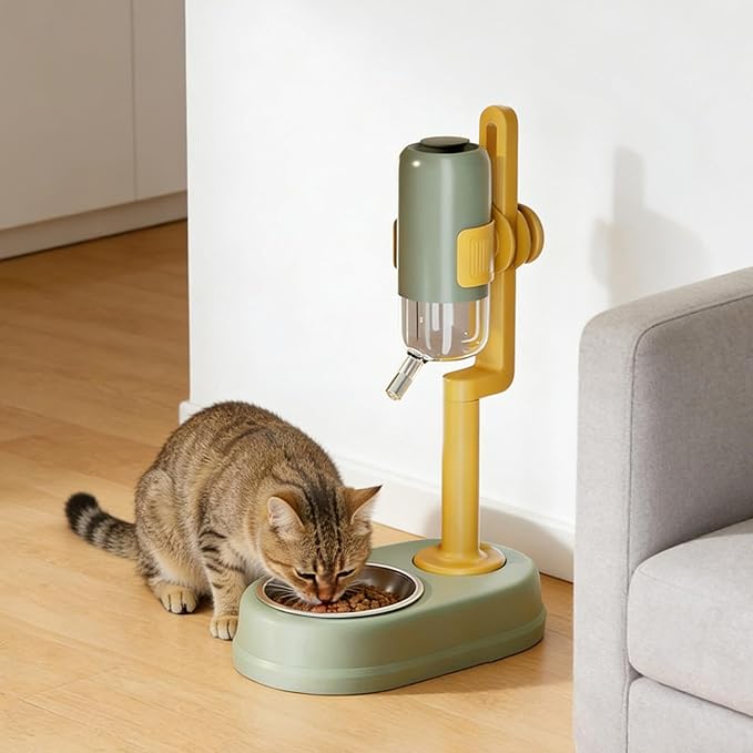 Pet Standing Water Dispenser Feeder Bowl, Dog Automatic Food Dispenser with Water Bottle Combined Bowl, Double Layer Pet Drinking Water Feeder for Both Cats and Dogs (Green)