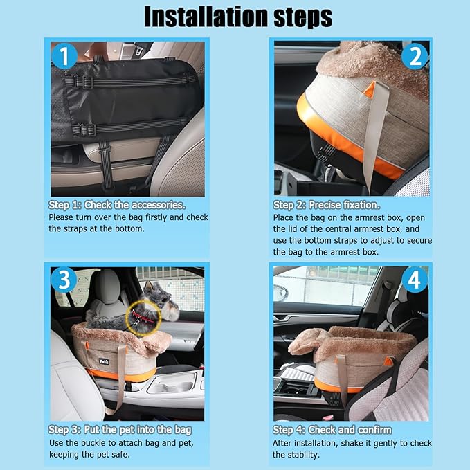 Pet Car Center Console Elevated Armrest Car Seat for Small Puppies, Dogs & Cats (Up to 10 lbs) – Khaki Washable Plush Carrier with Safety Leash, Fits Front Vehicle Console Space
