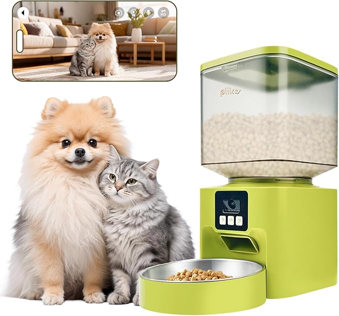 Plike Automatic Pet Feeder with Camera, WiFi Smart Pet Feeder with App Control (2.4G & 5G), 4L Capacity, 2-Way Audio & Night Vision, Anti-Clog Food Dispenser for Cats and Dogs