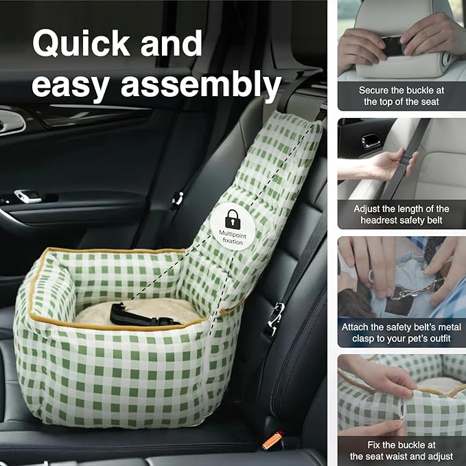 Pet Car Booster Seat for Small Dogs & Cats up to 25 lbs – Plaid Travel Seat with Safety Leash, Adjustable Straps, Non-Slip Base, 2-in-1 Convertible Bed, Detachable & Washable (Green Plaid)