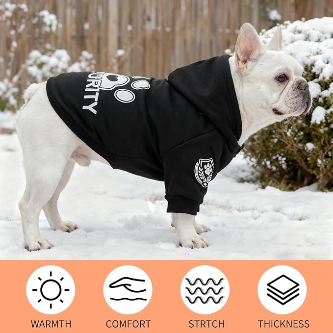 BEAUTYZOO Security Dog Hoodie Sweaters for Small Medium Large Dogs, Brushed Fleece Dog Clothes with Hat,Soft Winter Fall Coat All Weather Pullover, Classic Halloween Costume with Leash Hole, Black SM