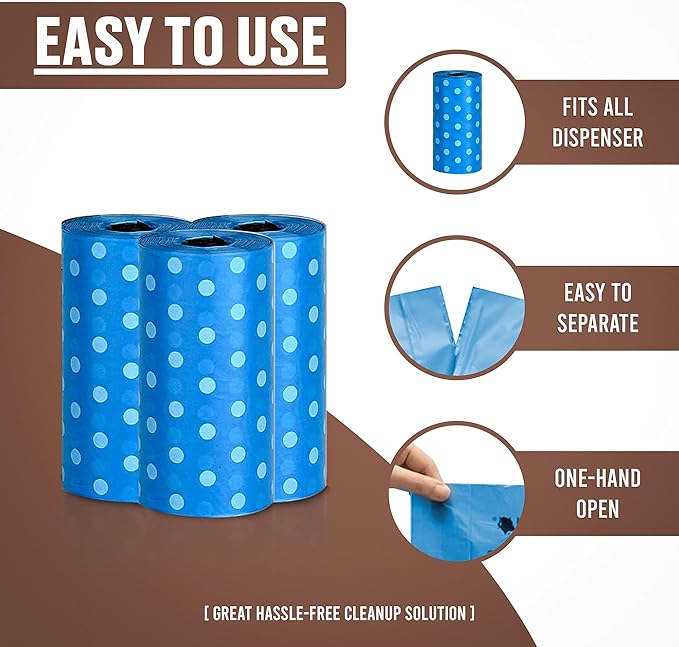 Parisian Pet Ecofriendly Dog Poop Bags Rolls - 160 Count Unscented Poop Bags For Dogs - Leakproof, Extra Thick, 8 Dog Waste Bags Refill Rolls - Stripes Dots Blue Doggie Poop Bags