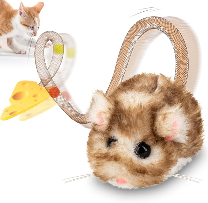 Migipaws Interactive MigiMouse Cat Toy 360° Rolling & Spin with Wiggling Tail for Indoor Cats Smart Motion Sensor, Realistic Squeak, Rechargeable Plush Kitten Toy(Brown Long)