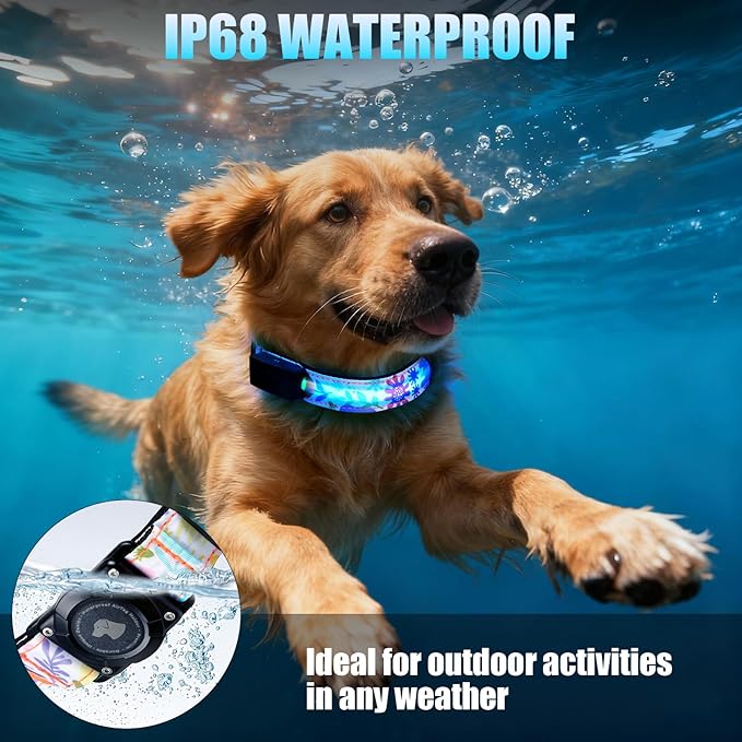 LED AirTag Dog Collar - Brightest Light Up Dog Collars - IP68 Waterproof Air Tag Dog Collar Holder - 1,600 Feet of High Visibility - Magnetic Charging - Dog Lights for Night Walking (Flower, M)