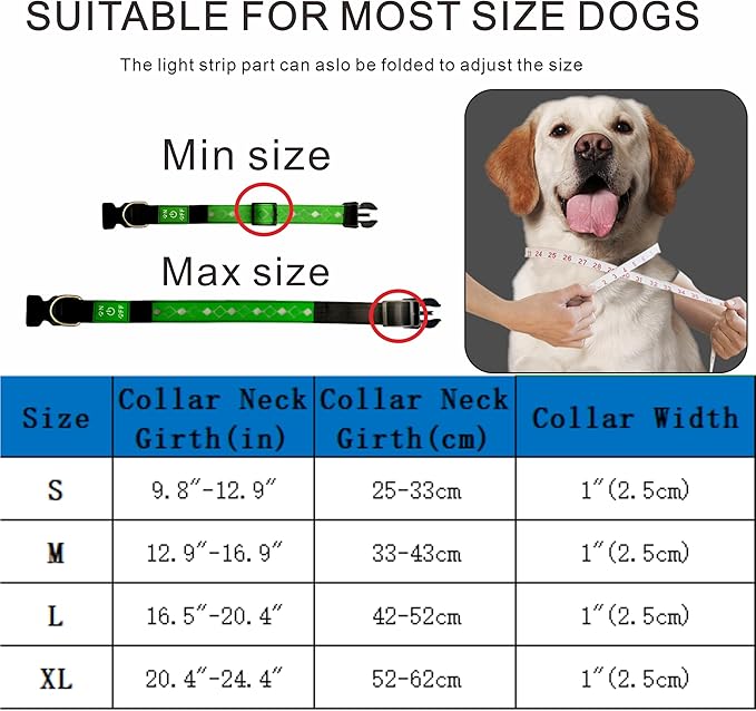 LED Dog Collar with ID Tag, 15 Light Modes, Waterproof Silicone, Night Safety (GREEN, S(7.87-11.8"))