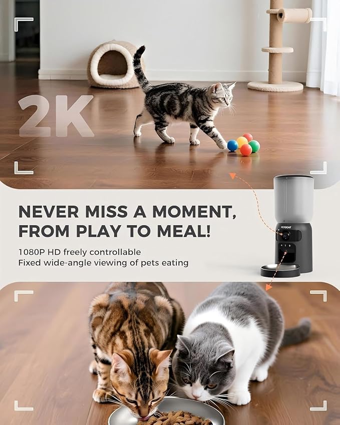 5L Automatic Cat Feeder with Dual 2K HD Camera, 2.4G / 5G WiFi Cat Food Dispenser with Cats Recognition& Diet Tracking, Laser Interactive Toy & Two-Way Audio