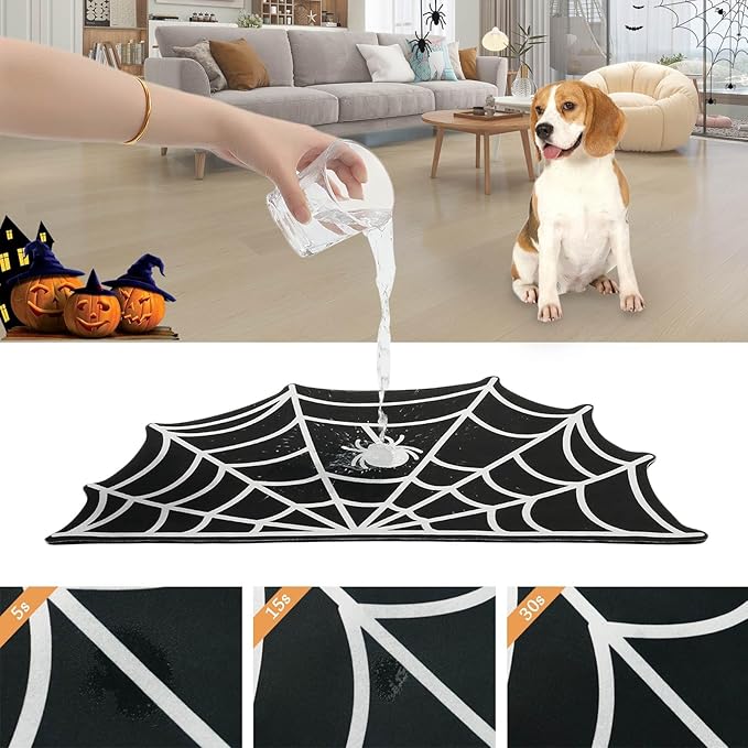 Halloween Pet Mat for Food and Water, Pet Feeding Mat for Dog Cat Bowl Absorbent Anti-Stain Non-Slip Quick Dry Easy Clean Floor Placemat, Pets Accessories Indoor (Spider Web)